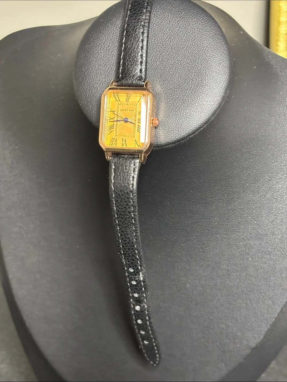 Lucky Fox Black Leather Band WORKING Rectangle Watch